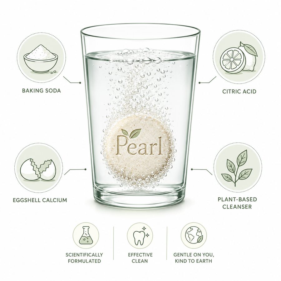 Pearl tablet ingredients - baking soda, citric acid, eggshell calcium, plant cleansers
